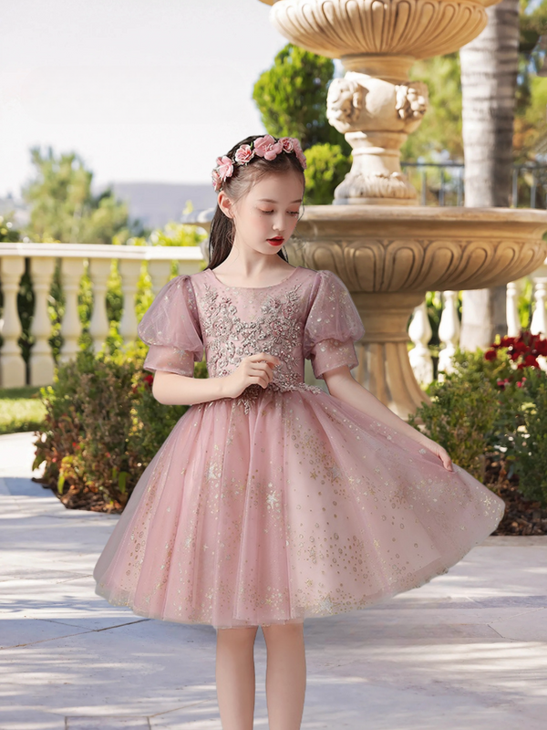 Exquisite Scoop Neck Puff Sleeve Knee-Length Printed Tulle Girls Birthday Dresses With Beads/Appliques Gidiondress