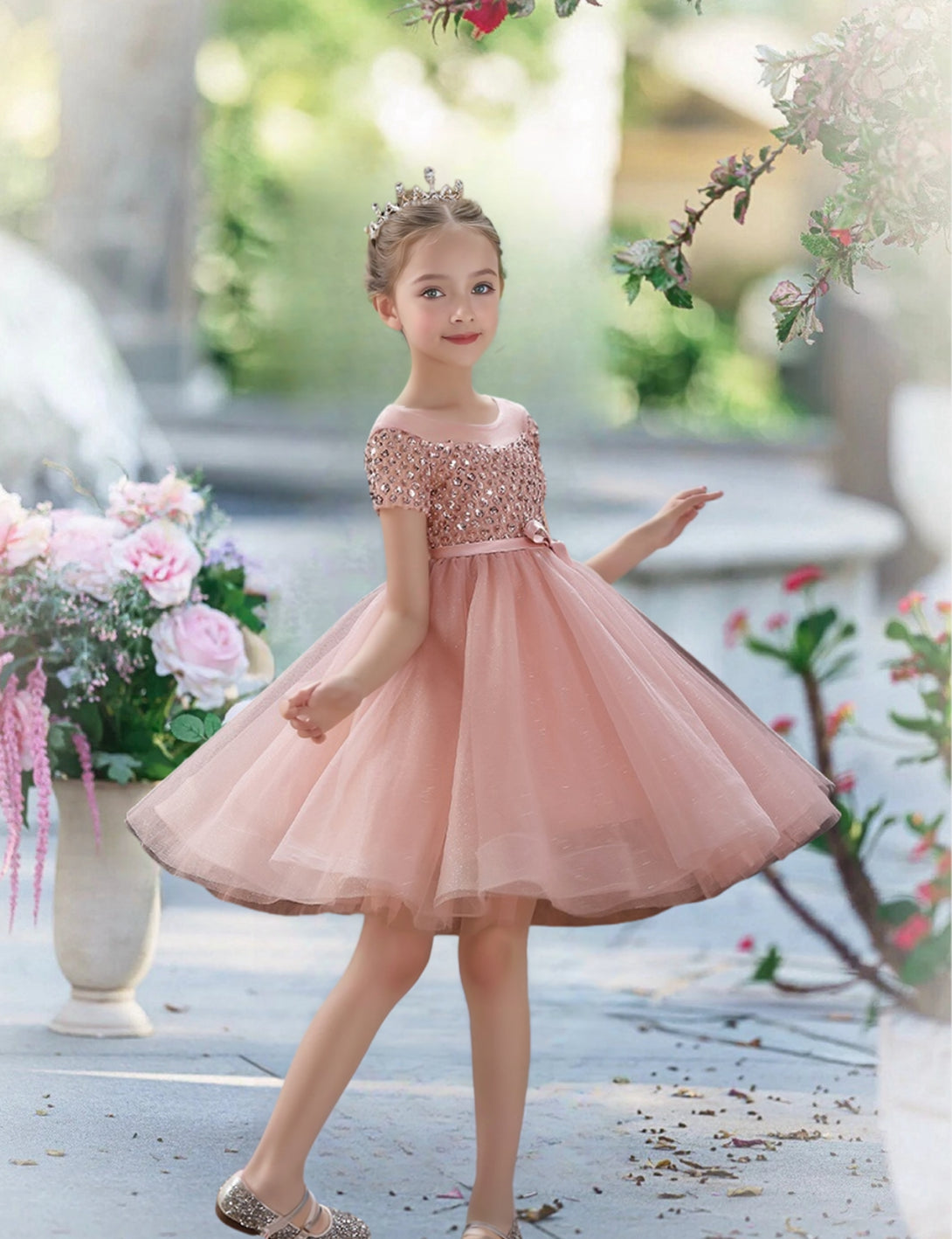 Short Sleeve Knee-Length Tulle/Sequins Holiday＆Christmas Dresses With Ribbon Girls Gidiondress