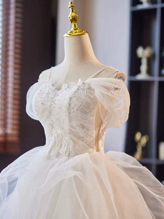 A-Line Off Shoulder Tulle Lace Short prom Dress, White Homecoming Dress Homecoming Dress BabaMila