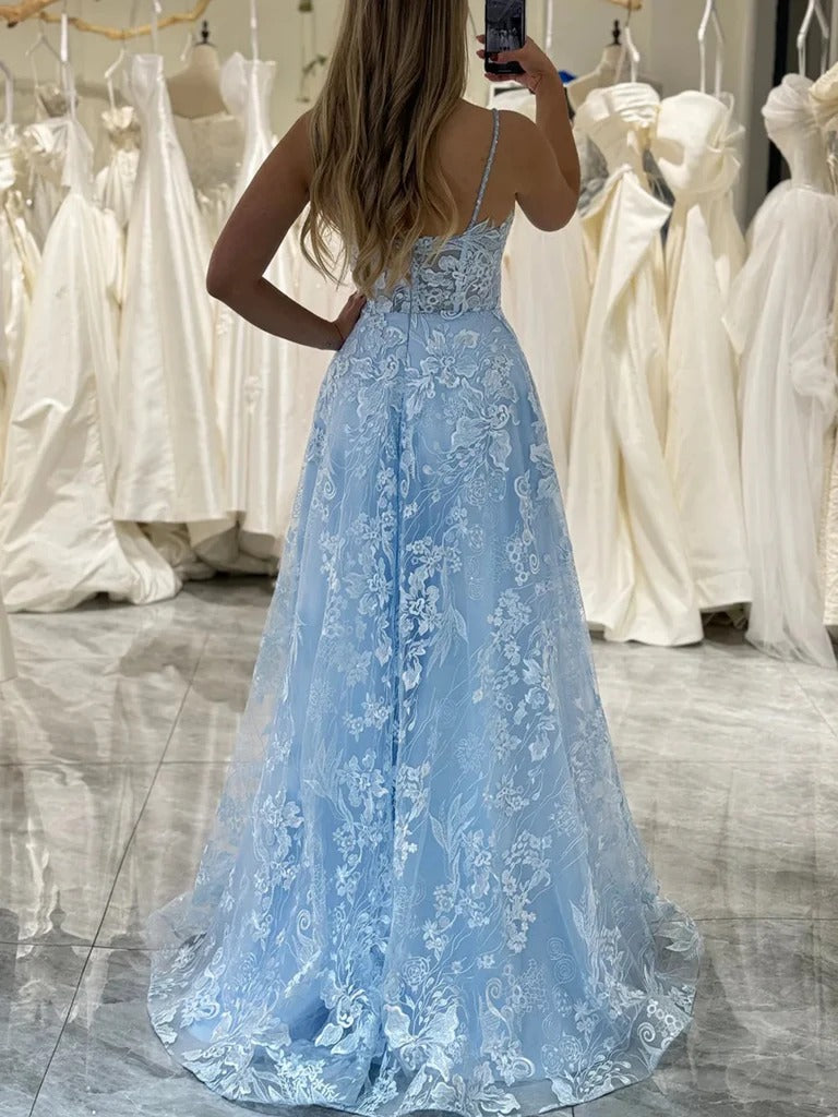 V Neck Blue Lace Prom Dresses, V Neck Light Blue Lace Floral Formal Evening Dresses BabaMila