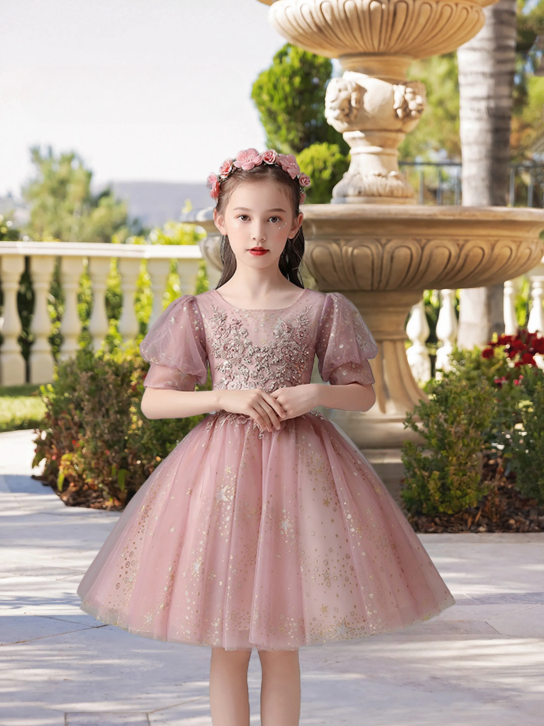 Exquisite Scoop Neck Puff Sleeve Knee-Length Printed Tulle Girls Birthday Dresses With Beads/Appliques Gidiondress
