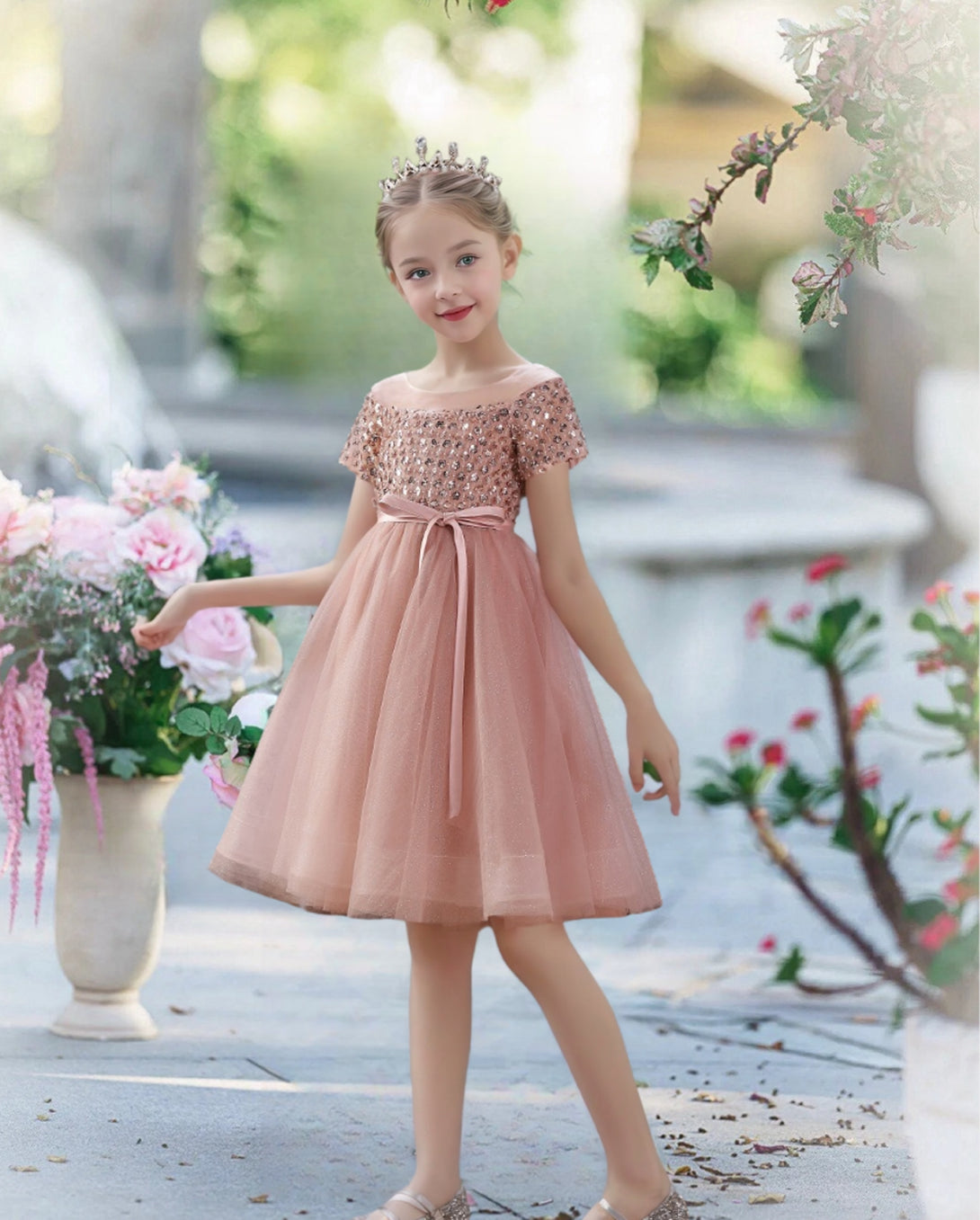 Short Sleeve Knee-Length Tulle/Sequins Holiday＆Christmas Dresses With Ribbon Girls Gidiondress
