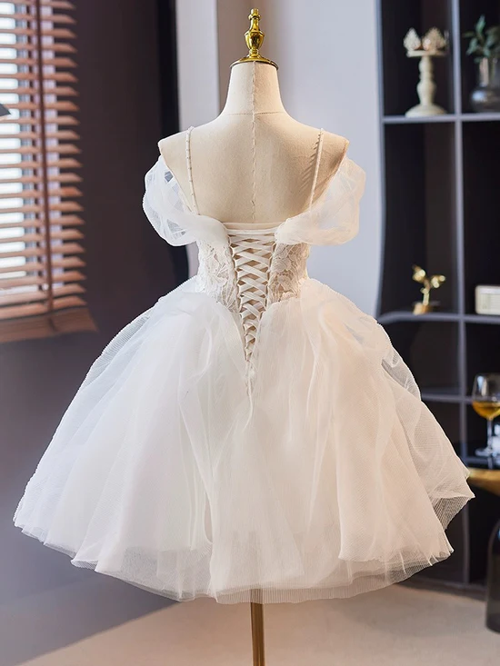 A-Line Off Shoulder Tulle Lace Short prom Dress, White Homecoming Dress Homecoming Dress BabaMila