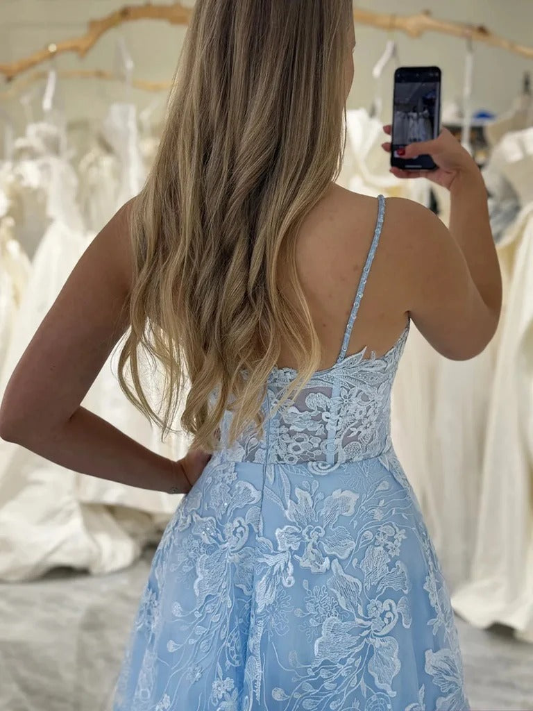 V Neck Blue Lace Prom Dresses, V Neck Light Blue Lace Floral Formal Evening Dresses BabaMila
