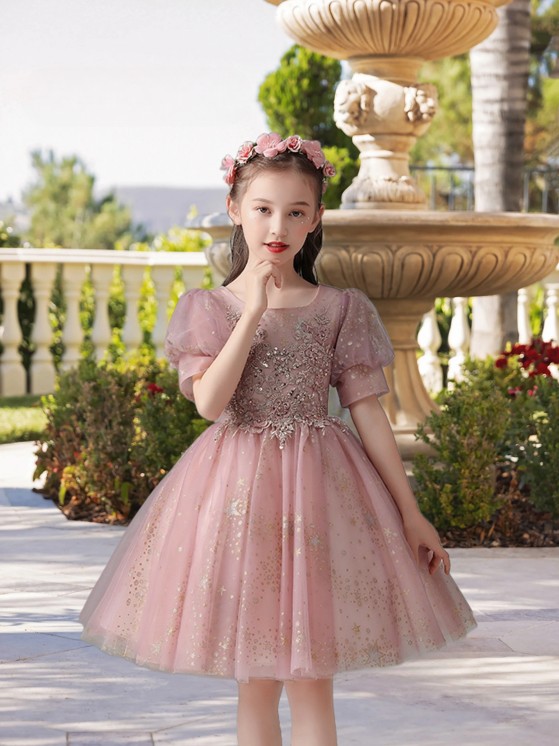 Exquisite Scoop Neck Puff Sleeve Knee-Length Printed Tulle Girls Birthday Dresses With Beads/Appliques Gidiondress