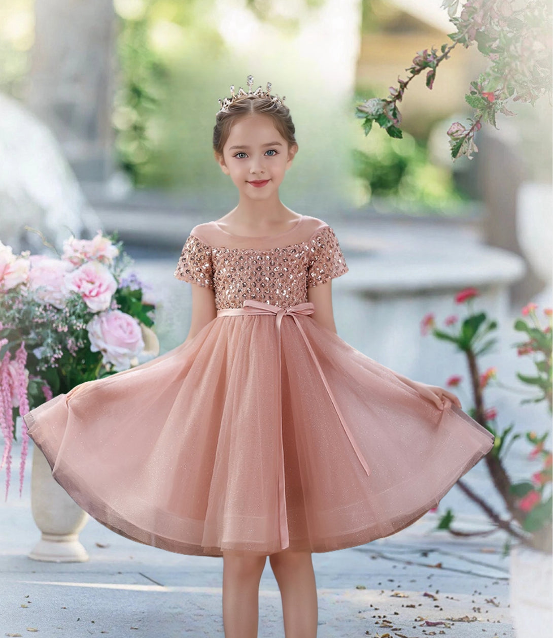Short Sleeve Knee-Length Tulle/Sequins Holiday＆Christmas Dresses With Ribbon Girls Gidiondress Dusty Rose 12M