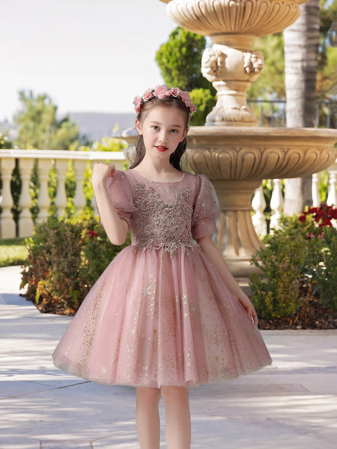 Exquisite Scoop Neck Puff Sleeve Knee-Length Printed Tulle Girls Birthday Dresses With Beads/Appliques Gidiondress