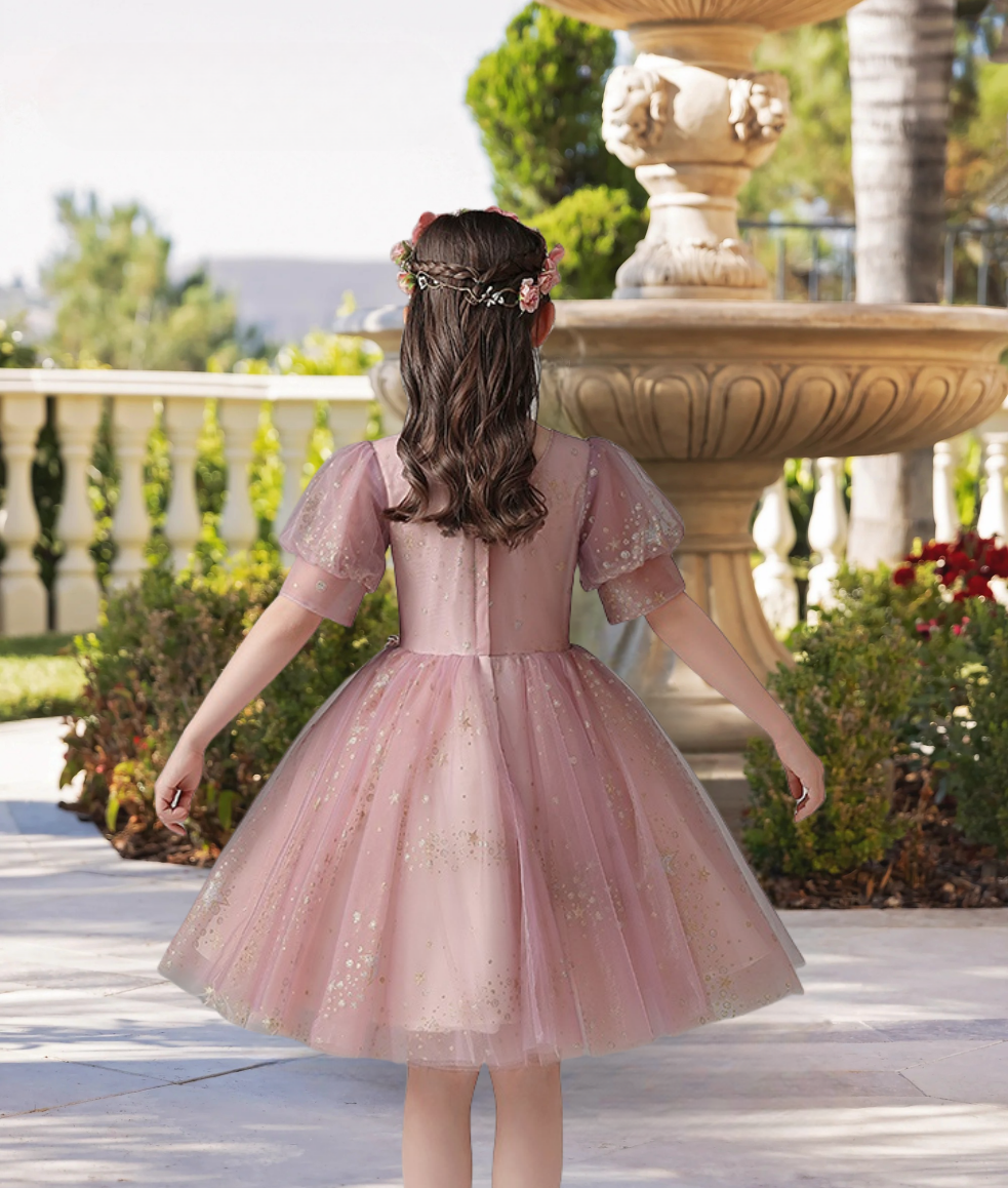 Exquisite Scoop Neck Puff Sleeve Knee-Length Printed Tulle Girls Birthday Dresses With Beads/Appliques Gidiondress