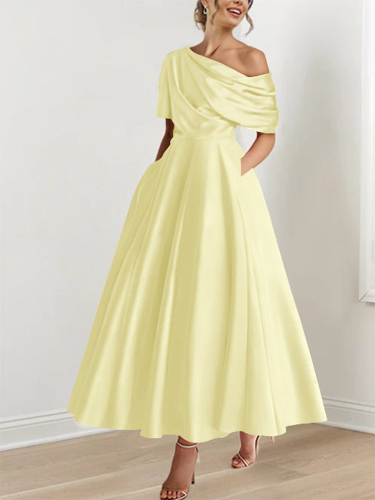 Sheath/Column Off-The-Shoulder Short Sleeves Tea-Length Unique Mother Of The Bride Dresses With Feathers BabaMila