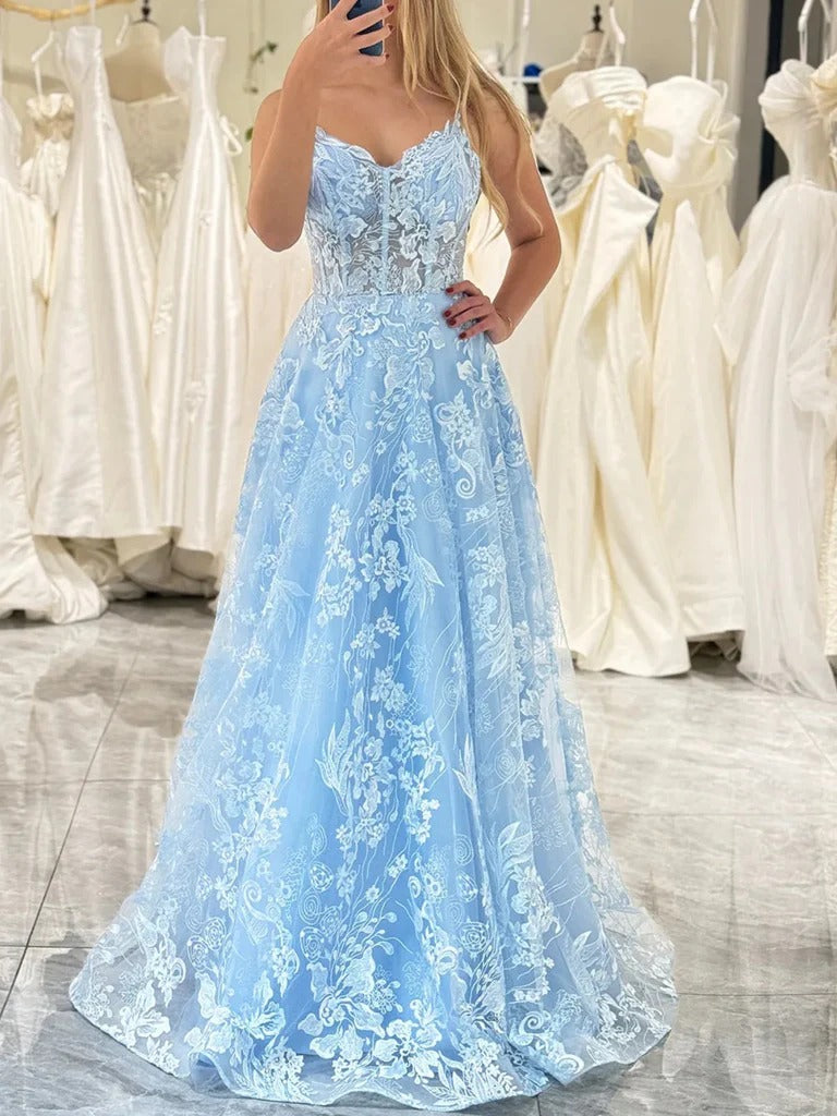 V Neck Blue Lace Prom Dresses, V Neck Light Blue Lace Floral Formal Evening Dresses BabaMila