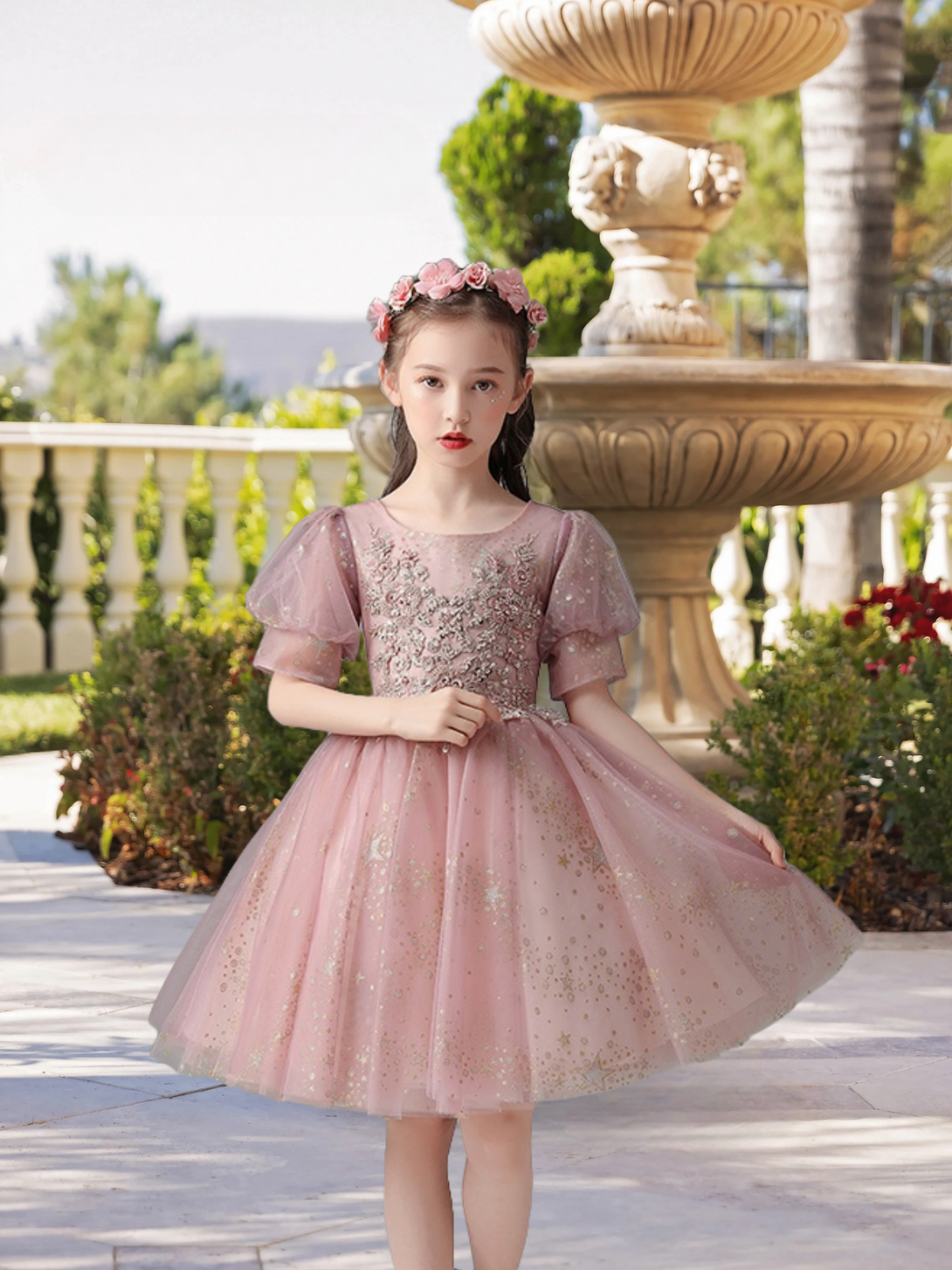 Exquisite Scoop Neck Puff Sleeve Knee-Length Printed Tulle Girls Birthday Dresses With Beads/Appliques Gidiondress