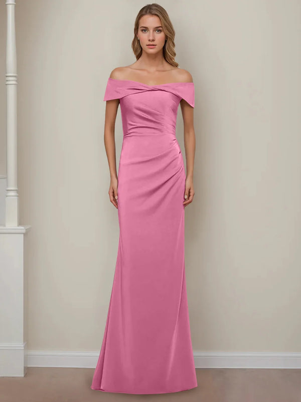 Sheath/Column Off-the-Shoulder Short Sleeves Floor-Length Mother of The Bride Dresses With Ruffles BabaMila