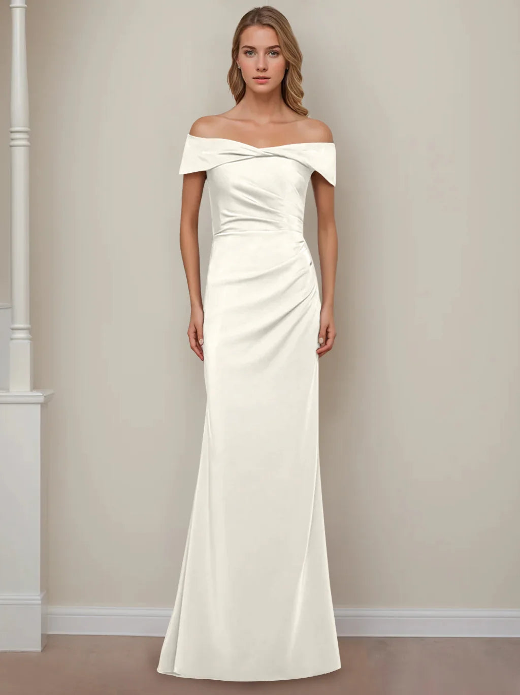 Sheath/Column Off-the-Shoulder Short Sleeves Floor-Length Mother of The Bride Dresses With Ruffles BabaMila