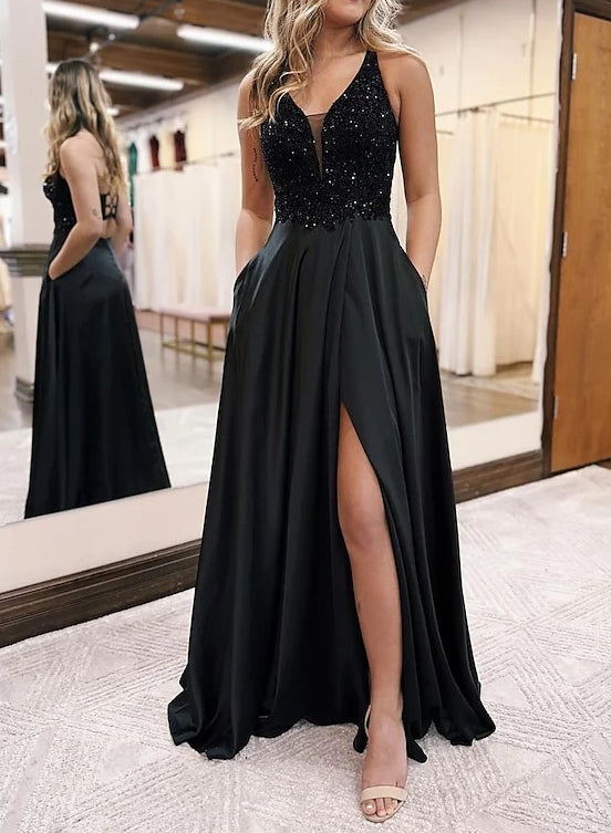 A-Line/Princess V-Neck Satin Floor-length Prom Dresses With Sequins BabaMila
