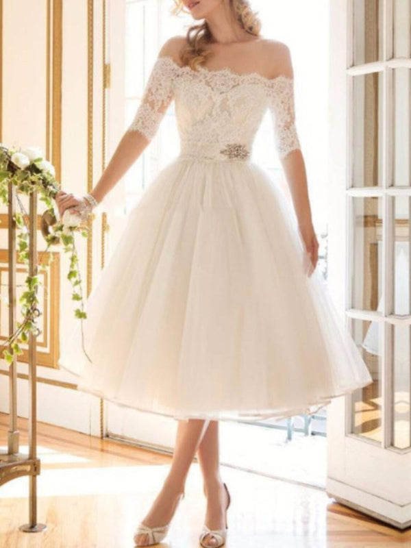 A-Line/Princess Lace Tulle Off-the-shoulder Half Sleeves Tea Length Appliques Wedding Dress BabaMila