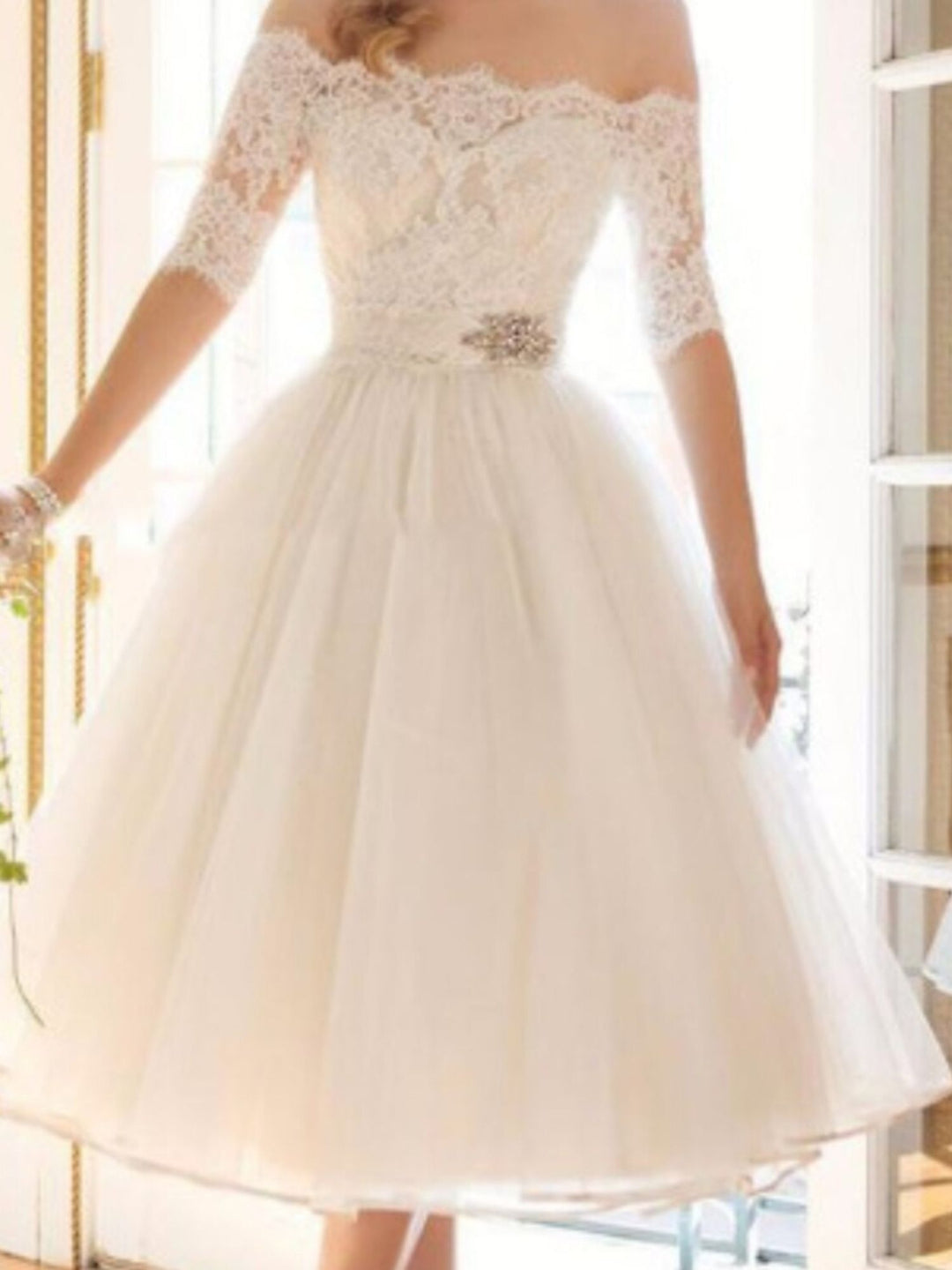 A-Line/Princess Lace Tulle Off-the-shoulder Half Sleeves Tea Length Appliques Wedding Dress BabaMila
