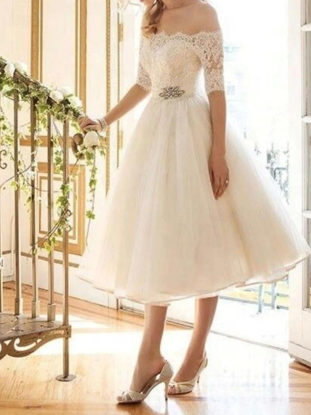 A-Line/Princess Lace Tulle Off-the-shoulder Half Sleeves Tea Length Appliques Wedding Dress BabaMila