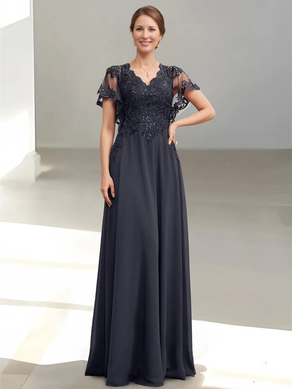A-Line/Princess V-Neck Short Sleeves Floor-Length Mother Of The Bride Dresses With Appliques & Sequins BabaMila
