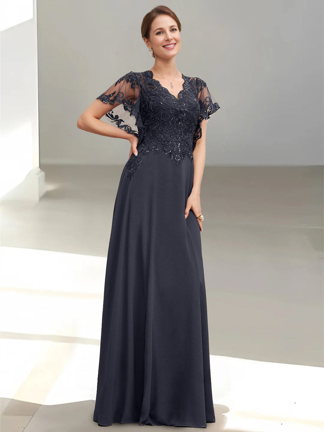 A-Line/Princess V-Neck Short Sleeves Floor-Length Mother Of The Bride Dresses With Appliques & Sequins BabaMila