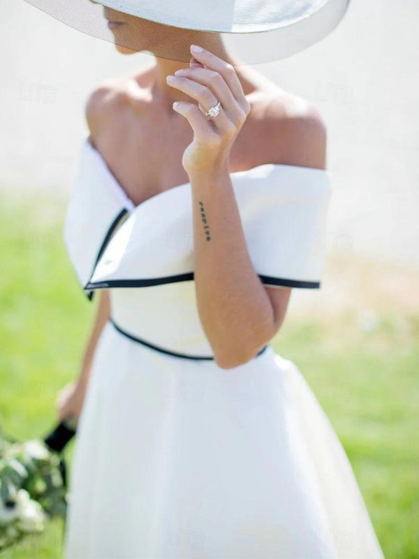 A-Line/Princess Off-the-Shoulder Short Sleeves Tea Length Simple Classical Wedding Dress BabaMila