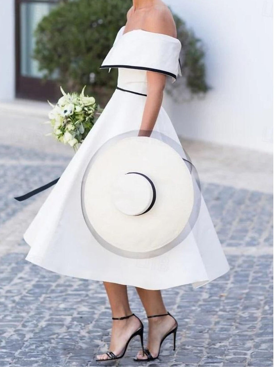 A-Line/Princess Off-the-Shoulder Short Sleeves Tea Length Simple Classical Wedding Dress BabaMila