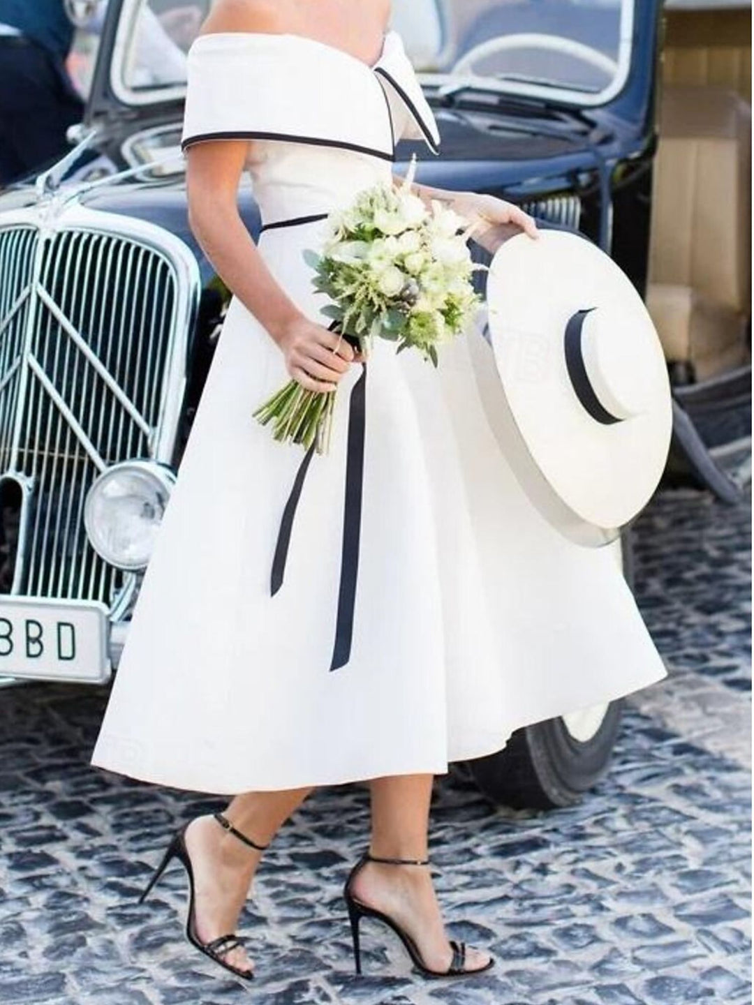 A-Line/Princess Off-the-Shoulder Short Sleeves Tea Length Simple Classical Wedding Dress BabaMila