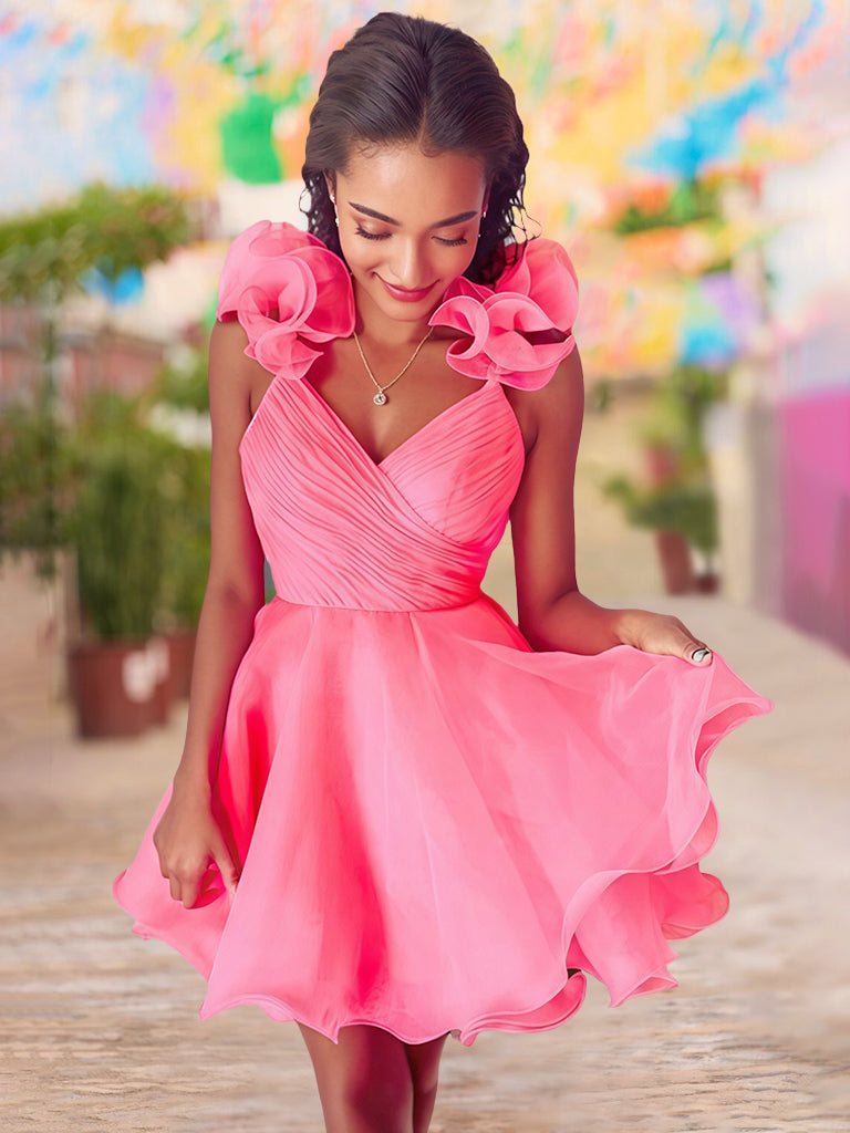 A-Line/Princess V-neck Sleeveless Short/Mini Party Dance Cocktail Homecoming Dress with Ruffled Edges/Pleats BabaMila