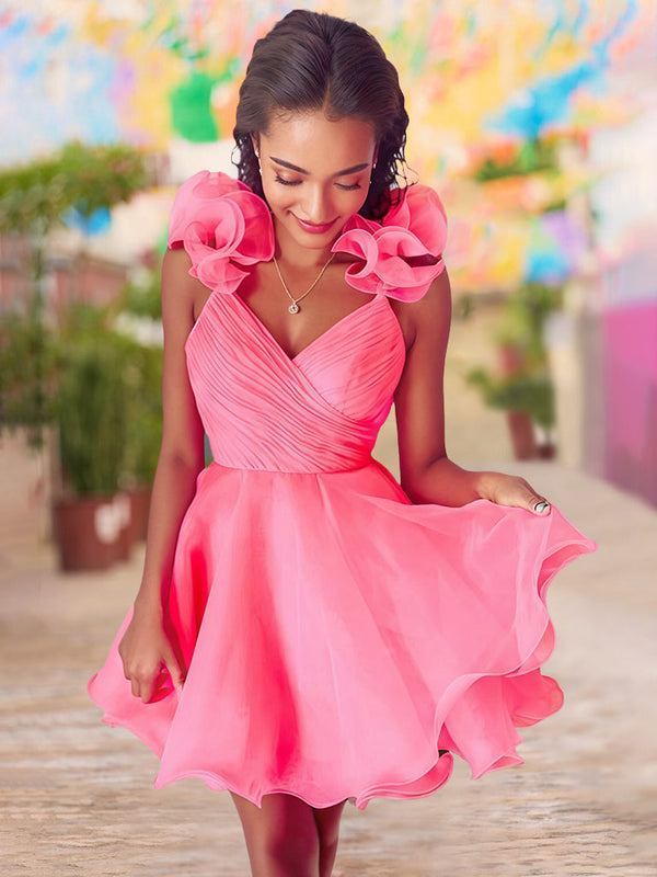 A-Line/Princess V-neck Sleeveless Short/Mini Party Dance Cocktail Homecoming Dress with Ruffled Edges/Pleats BabaMila