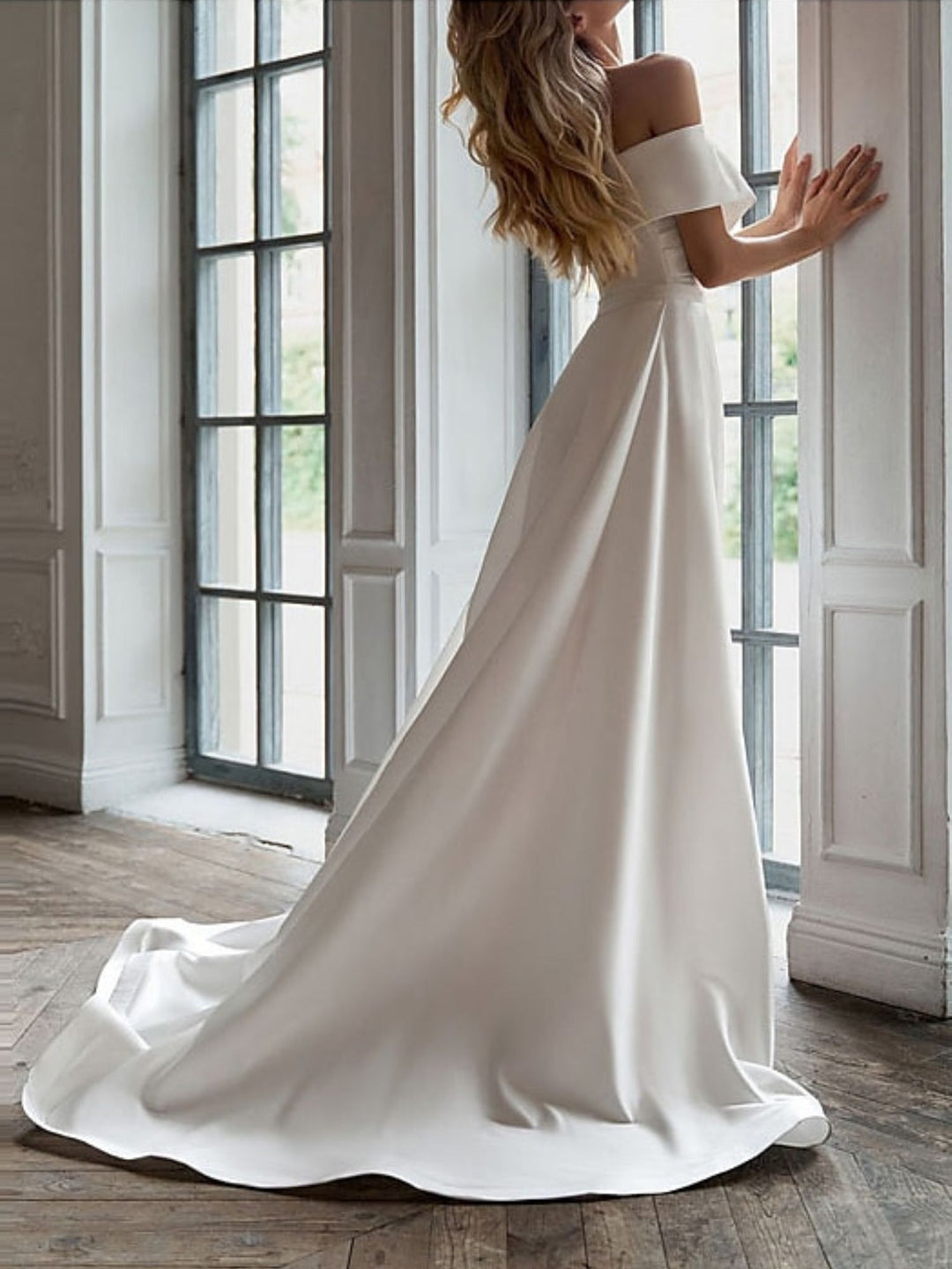 Sheath/Column Off-the-shoulder Short Sleeves Elegant Wedding Dress with Ruffle BabaMila