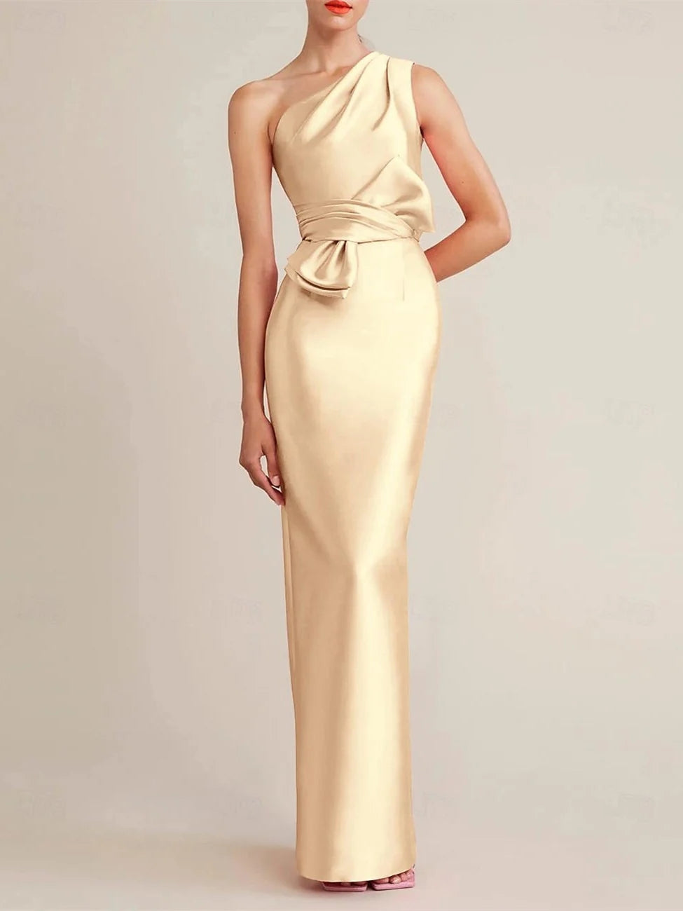 Sheath/Column Floor Length Sleeveless One Shoulder Wedding Guest Dresses Satin with Bow(s) Pocket BabaMila