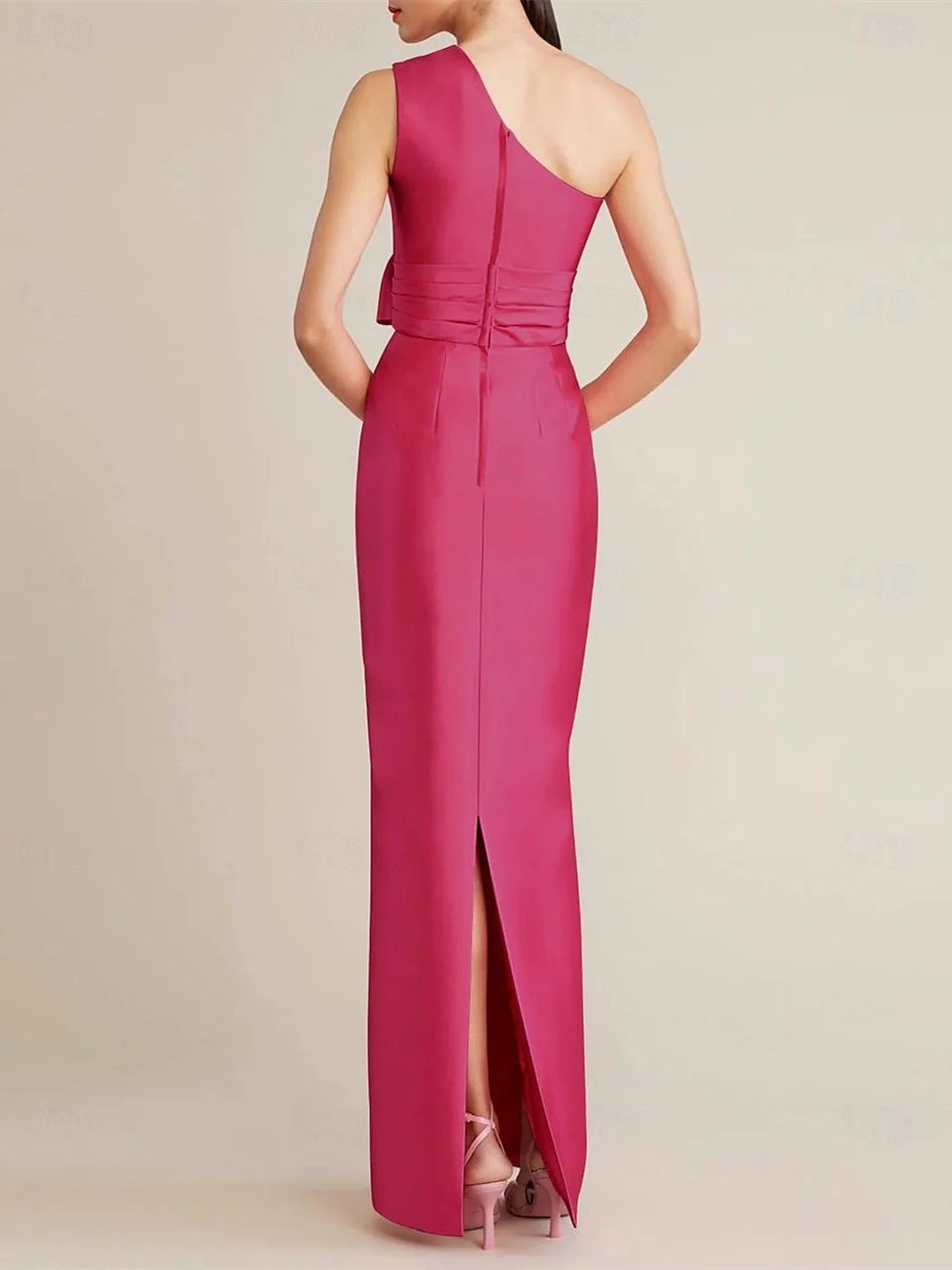 Sheath/Column Floor Length Sleeveless One Shoulder Wedding Guest Dresses Satin with Bow(s) Pocket BabaMila