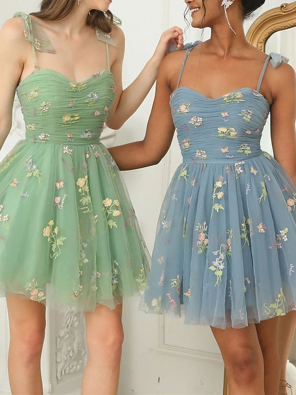 A-Line/Princess Spaghetti Straps Sweetheart Neck Embroidery Mini Prom Dresses BabaMila