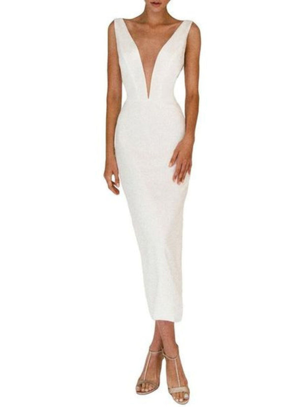 Sheath/Column V-Neck Sleeveless Tea Length MInimalist Wedding Dress BabaMila