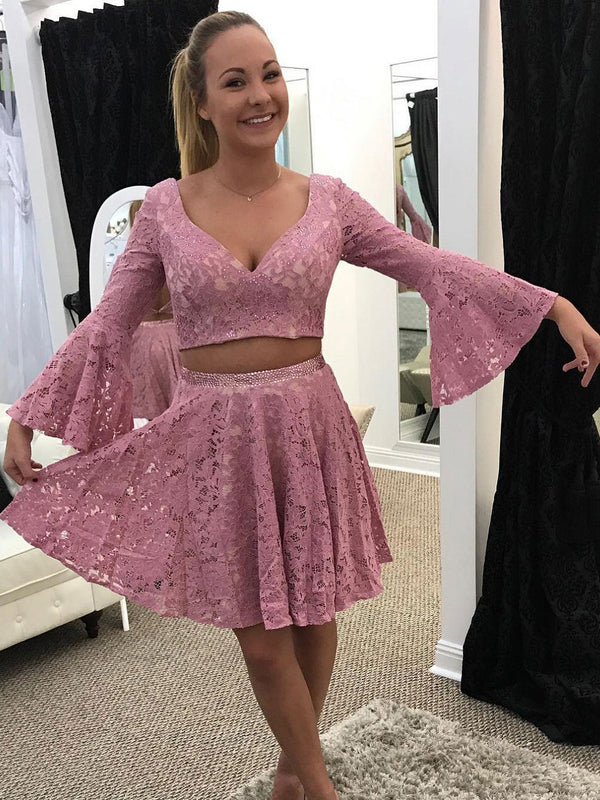 Two Piece Homecoming Dress V-neck Lace Long Sleeves Short Prom Dress Party Dress Homecoming Dress BabaMila