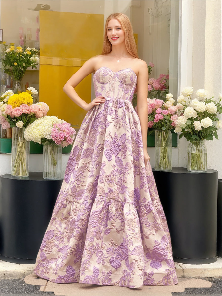 A-Line/Princess Spaghetti Straps Floor-Length Printed Floral Prom Dresses with Lace-Up/Appliques BabaMila