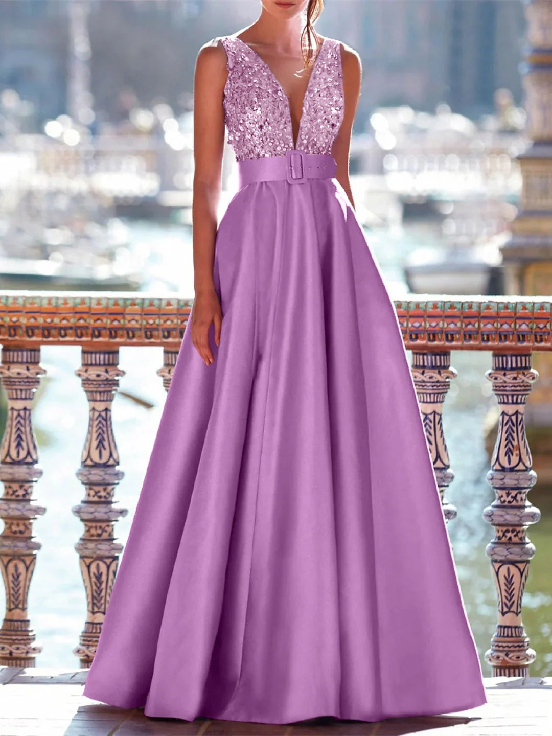 A-Line Floor Length Sleeveless V Neck Prom Dress Pocket Satin with Pearls BabaMila