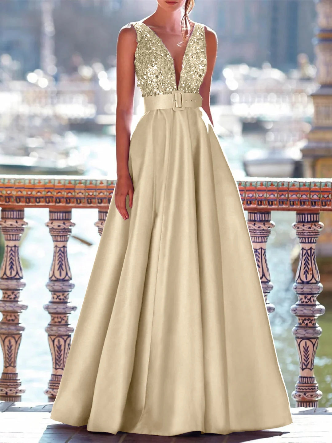 A-Line Floor Length Sleeveless V Neck Prom Dress Pocket Satin with Pearls BabaMila