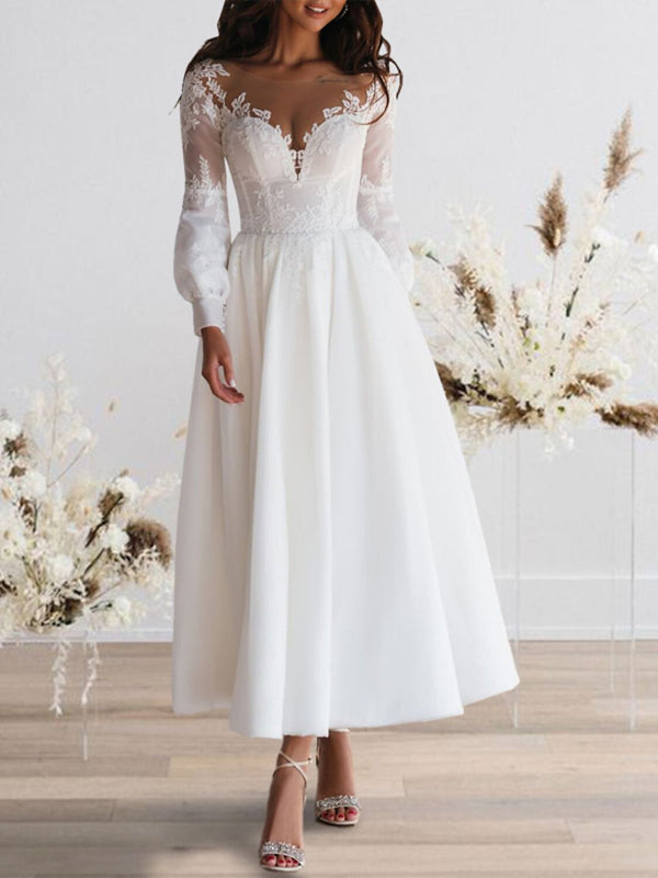 A-Line/Princess Sweetheart Long Sleeves Ankle Length Lace Wedding Dress BabaMila