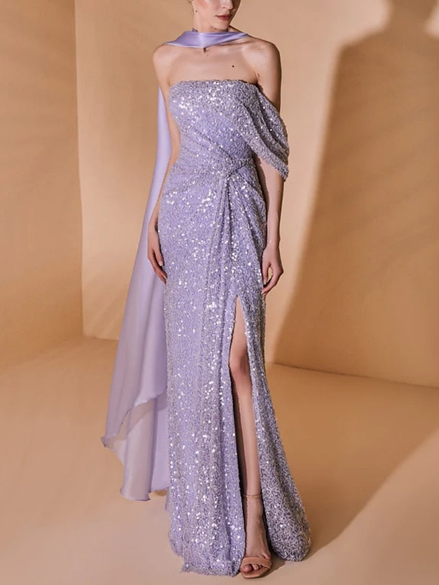 Sheath/Column Strapless Chiffon/Sequins Floor-length Prom Dresses With Ruffles BabaMila