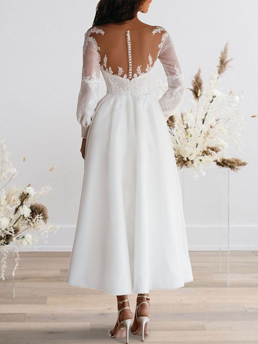 A-Line/Princess Sweetheart Long Sleeves Ankle Length Lace Wedding Dress BabaMila