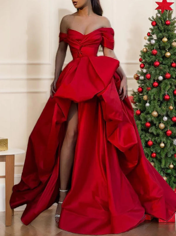 A-Line Sweep/Brush Train Evening Dresses Off Shoulder Sleeveless Prom Satin with Slit BabaMila