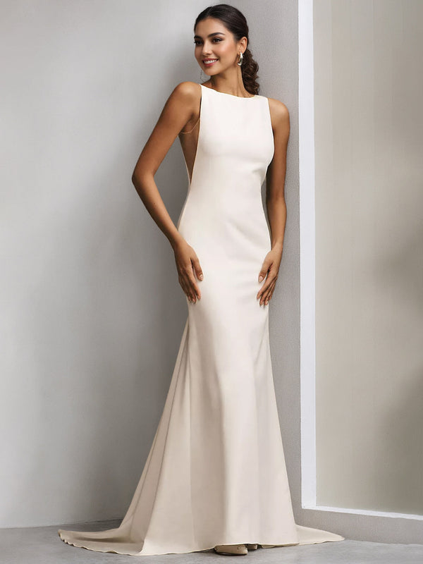 Sheath/Column High Neck Sleeveless Floor Length Minimalist Elegant Wedding Dresses BabaMila