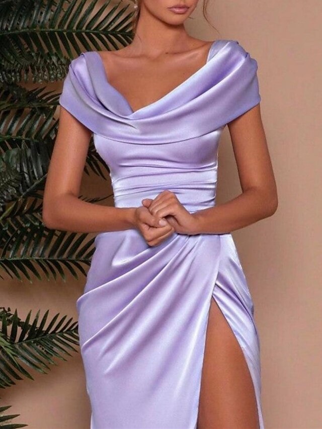 Sheath/Column Cowl Neck Floor-length Prom Dresses With Pleated/Split Side BabaMila
