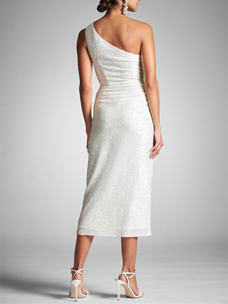Sheath/Column One Shoulder Tea-Length Homecoming Dresses With Sequins BabaMila