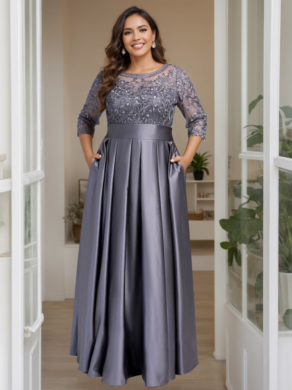 A-Line/Princess Scoop 3/4 Length Sleeves Floor-Length Plus Size Mother Of The Bride Dresses With Bow & Sequins BabaMila