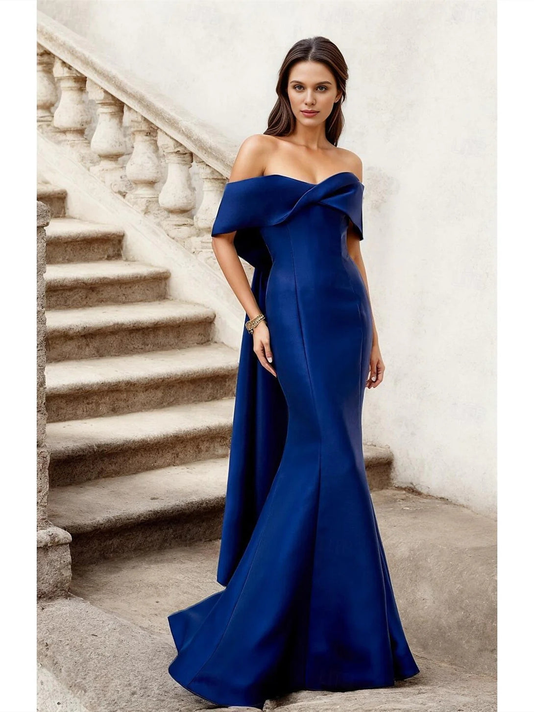 A-Line V Neck Evening Dresses Floor Length Satin Short Sleeve Prom Dress Pocket with Criss Cross BabaMila