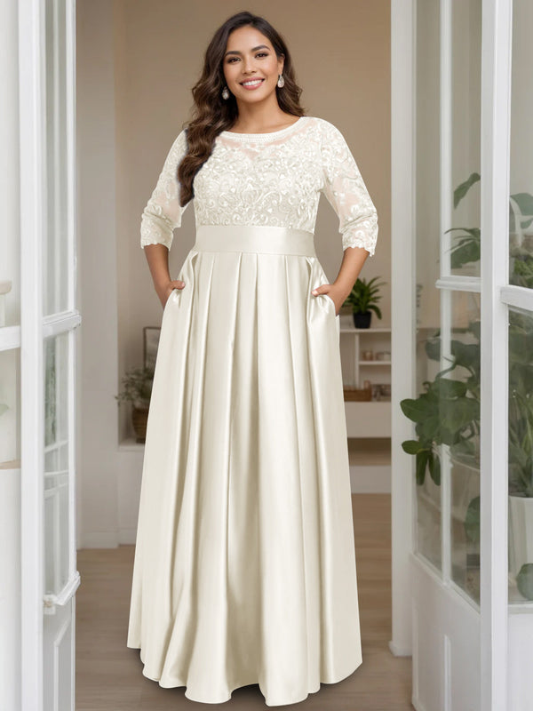 A-Line/Princess Scoop 3/4 Length Sleeves Floor-Length Plus Size Mother Of The Bride Dresses With Bow & Sequins BabaMila