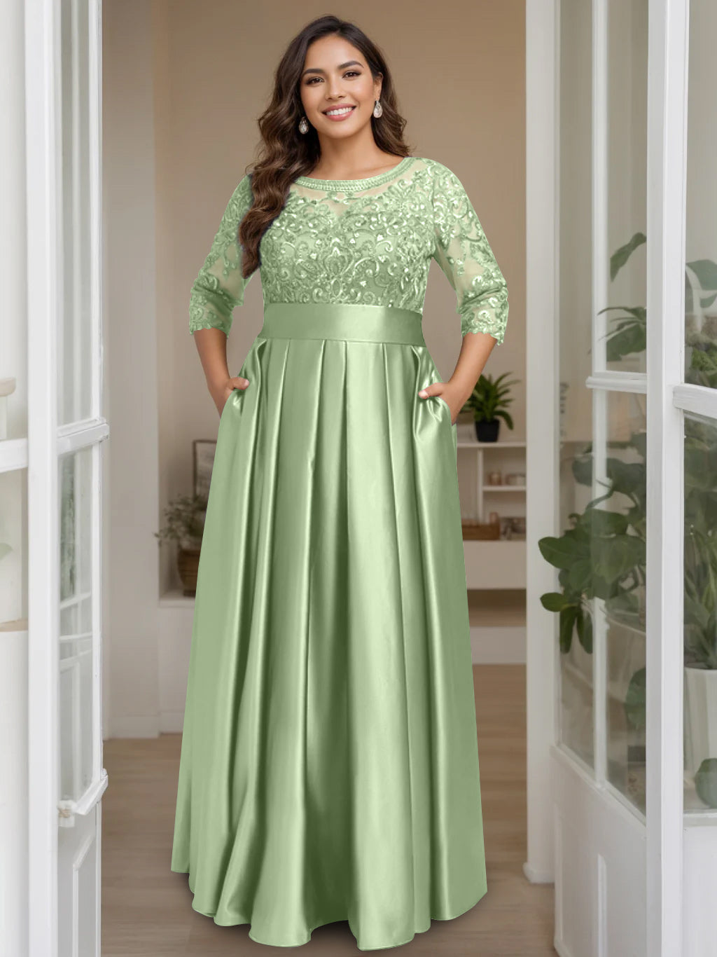 A-Line/Princess Scoop 3/4 Length Sleeves Floor-Length Plus Size Mother Of The Bride Dresses With Bow & Sequins BabaMila