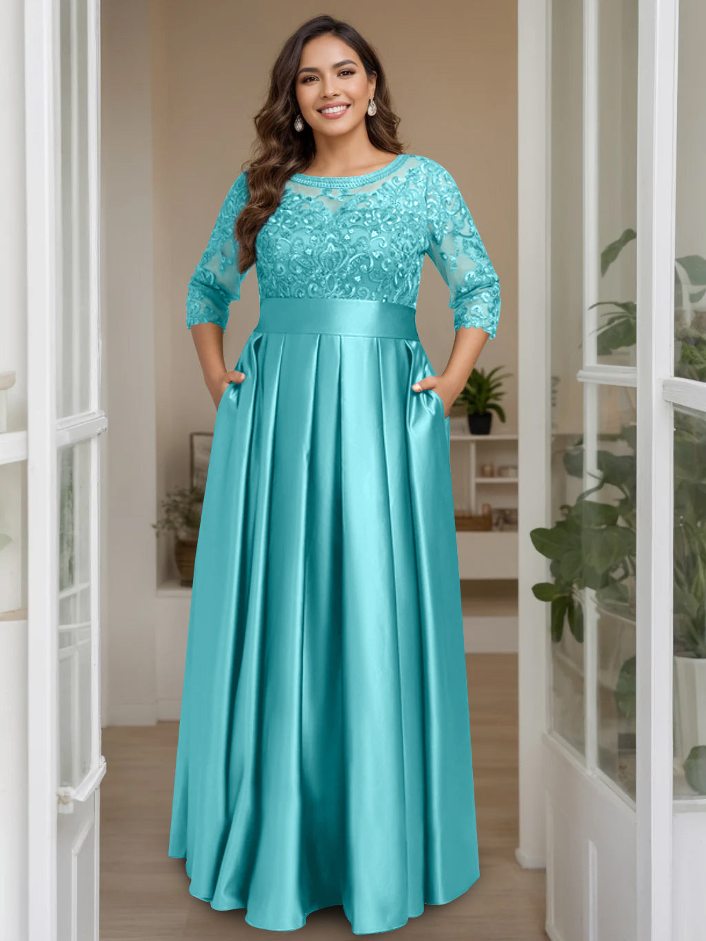 A-Line/Princess Scoop 3/4 Length Sleeves Floor-Length Plus Size Mother Of The Bride Dresses With Bow & Sequins BabaMila