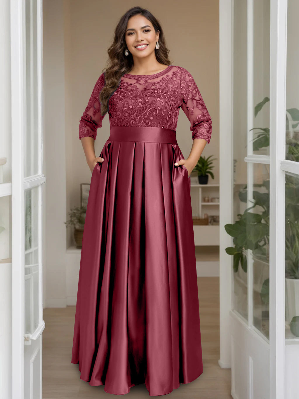 A-Line/Princess Scoop 3/4 Length Sleeves Floor-Length Plus Size Mother Of The Bride Dresses With Bow & Sequins BabaMila